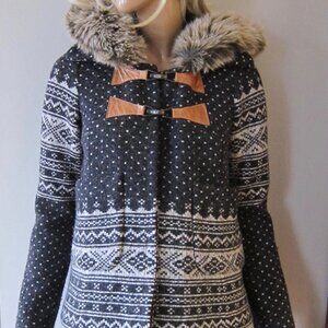 SMYTHE Nordic Wool Fair Isle Hooded Grey White Faux Fur Coat